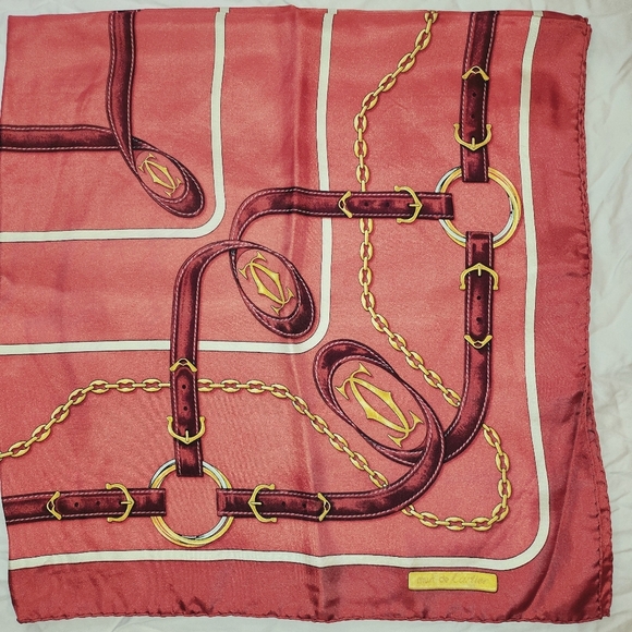 CARTIER silk scarf muffler red must de ladies - Picture 12 of 14
